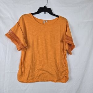 C‎ 1946 Cato Women's Boho Orange Short Fringe Crochet Sleeve Casual Shirt Medium